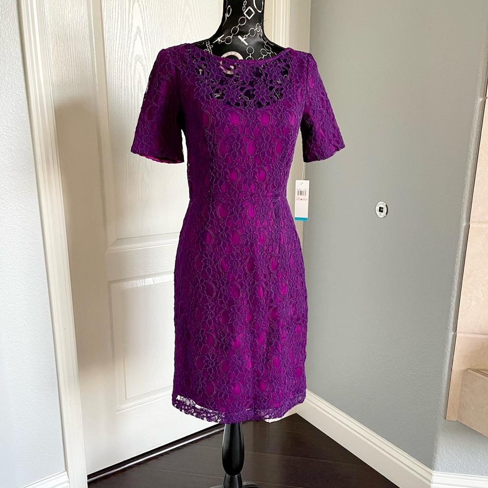 Ivy & Blu Maggy Boutique Violet Purple Lace Overlay Dress Boatneck Sweetheart